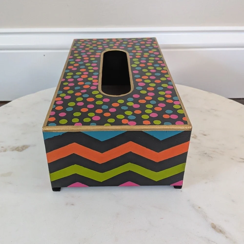 Mackenzie Childs Trampoline Standard Tissue Box Cover Bright Zig Zag Polka Dots - Picture 5 of 7